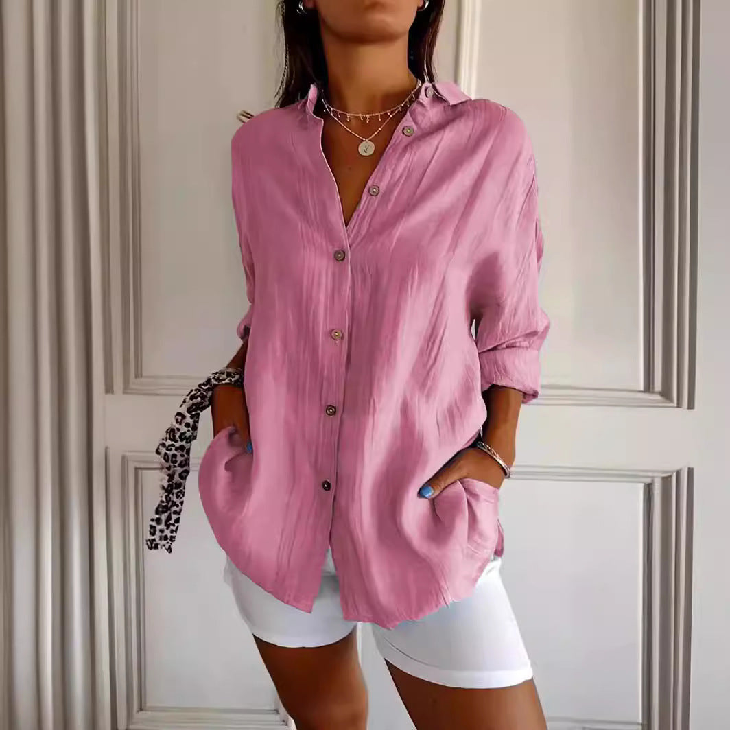 Women's Lapel Long Sleeve Shirt - Single-Breasted Pleated Button-Up - DropOnline.co