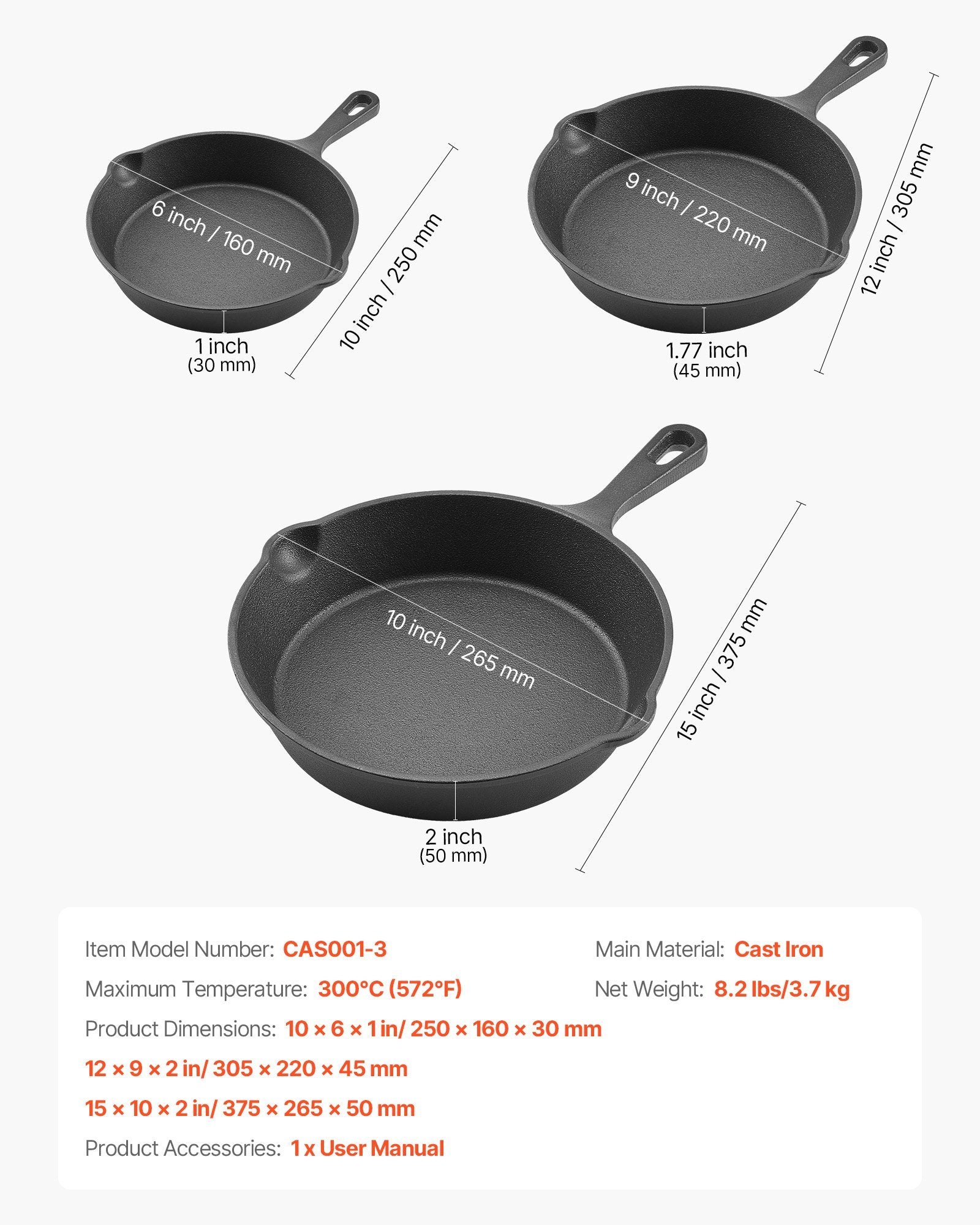 3 Piece Cast Iron Skillet Frying Pan Set 6 8 10 In Handle Pre-Seasoned Black - DropOnline.co