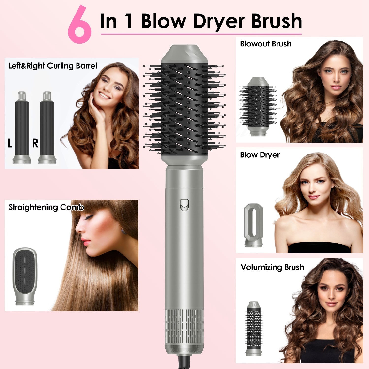 1Pc 6 In 1 Hot Air Styler Volumizer Straightener Curler Dryer Automatic Wrap Styler Hair Dryer Brush Set With 3 Temp Settings ALCI Plug Glove Cable Zip Tie - DropOnline.co