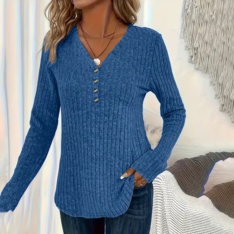 Womens Long Sleeves Ribbed Knit Tunic Shirts V Neck Button Down Tops Casual Tee Shirt Blouses - DropOnline.co