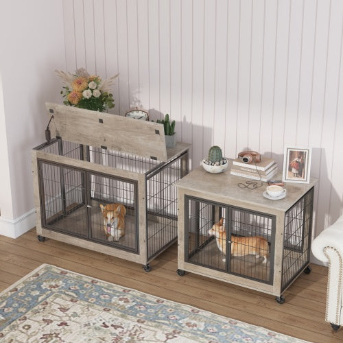 Furniture Style Dog Cage Side Table With Wheels With Double Doors And A Raised Top. Grey - DropOnline.co