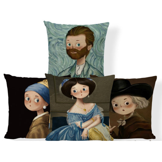 Cartoon Girl Printed Pillowcase Oil Painting Blended Cushion - DropOnline.co