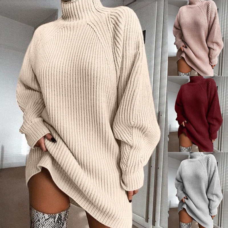Solid Turtleneck Long Sweater Winter Warm Women Sweater Dress - DropOnline.co