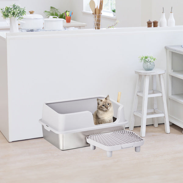 61x40x33CM, Litter Box, Stainless Steel And Plastic, Upper And Lower Snap Type, With Litter Spatula, Foot Pad - Grey - DropOnline.co