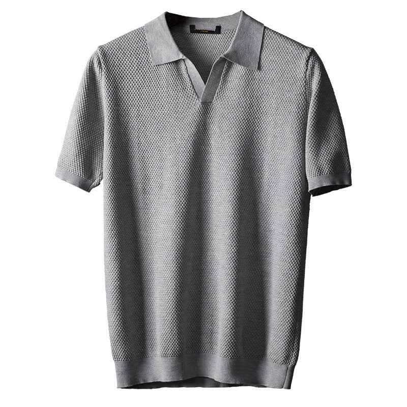Men's V-Neck Knit Lapel Short Sleeve Top - Casual Fashion Shirt
