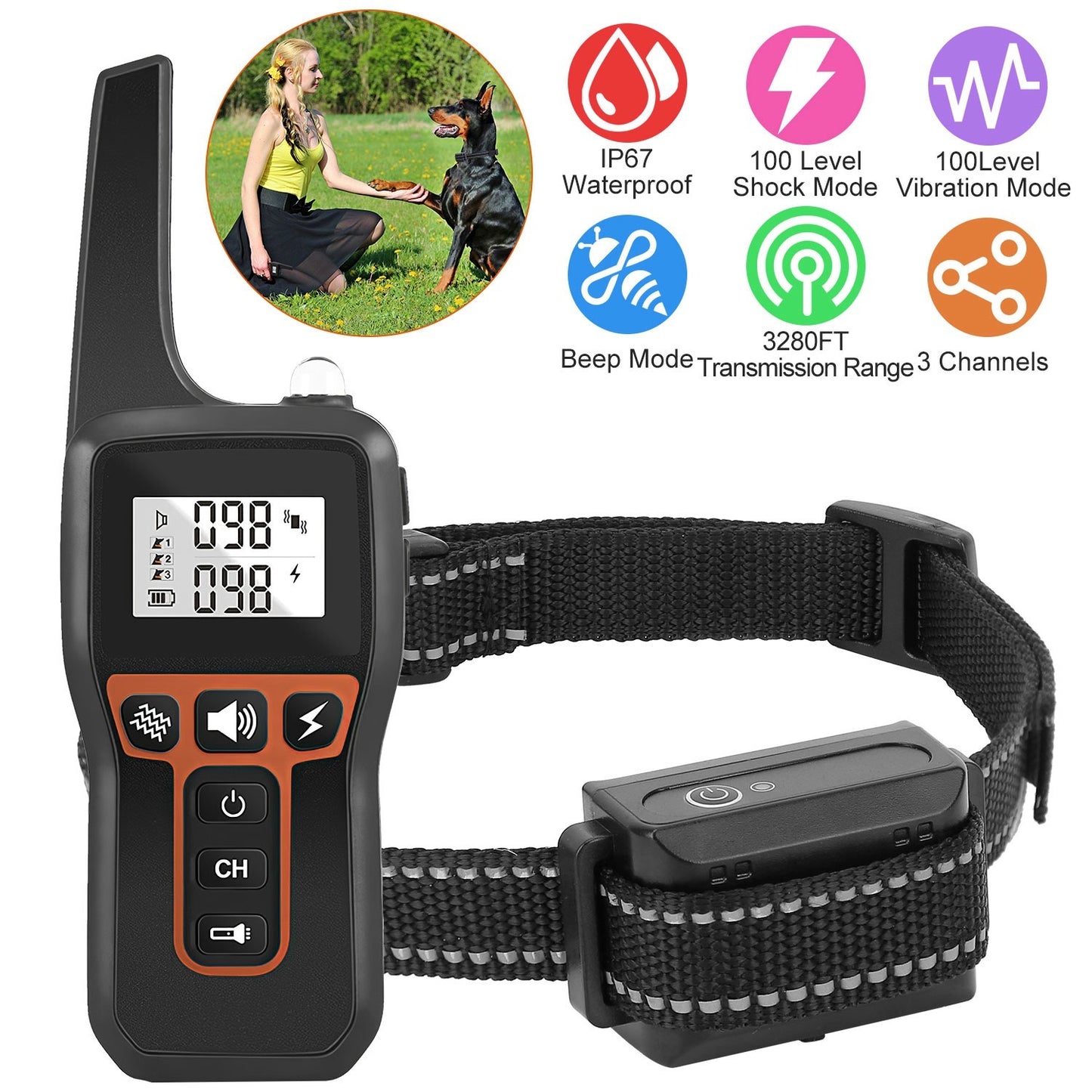 Train Collar OR Receiver Only Options - 3280FT Dog Training Collar IP67 Waterproof Pet Beep Vibration Electric Shock Collar 3 Channels Rechargeable Transmitter Receiver Trainer With Flashlight - DropOnline.co