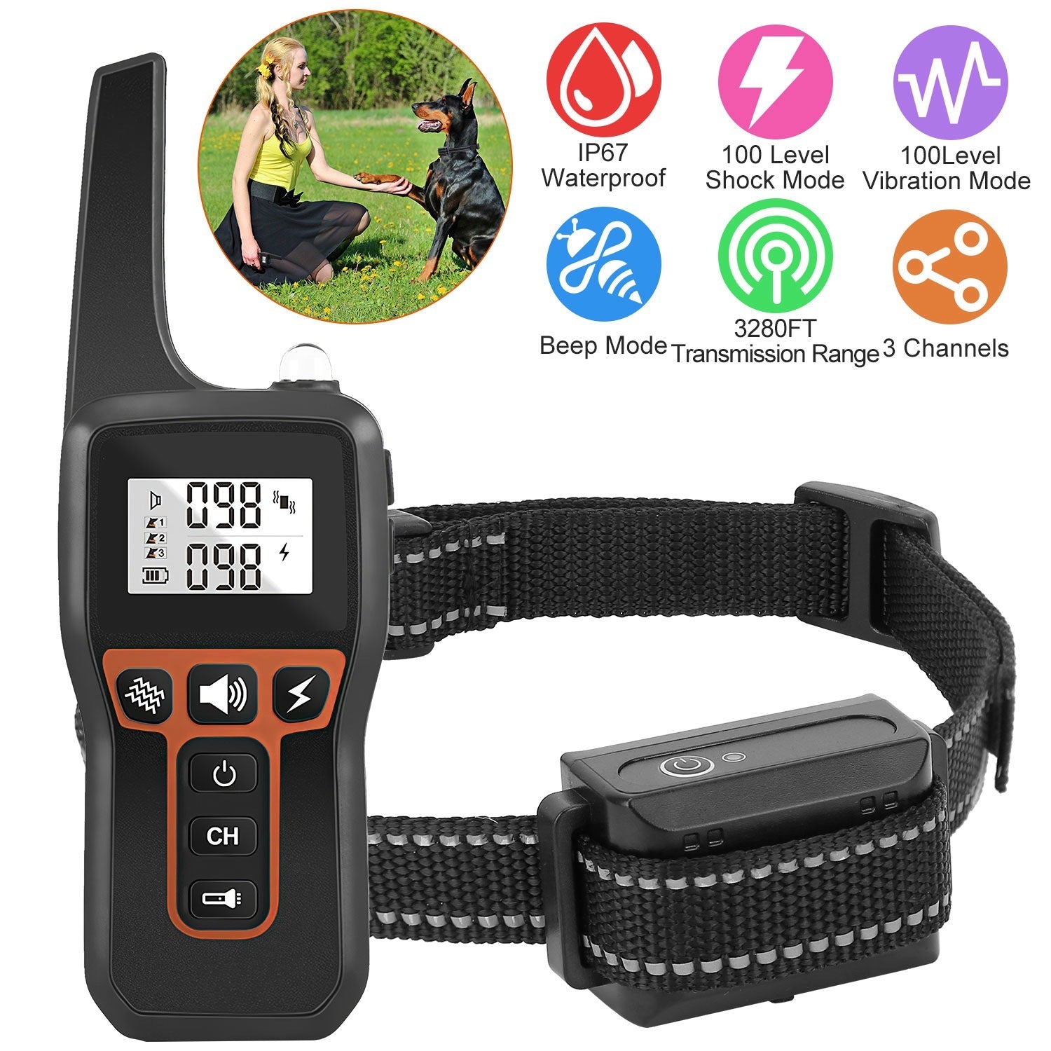 Train Collar OR Receiver Only Options - 3280FT Dog Training Collar IP67 Waterproof Pet Beep Vibration Electric Shock Collar 3 Channels Rechargeable Transmitter Receiver Trainer With Flashlight - DropOnline.co
