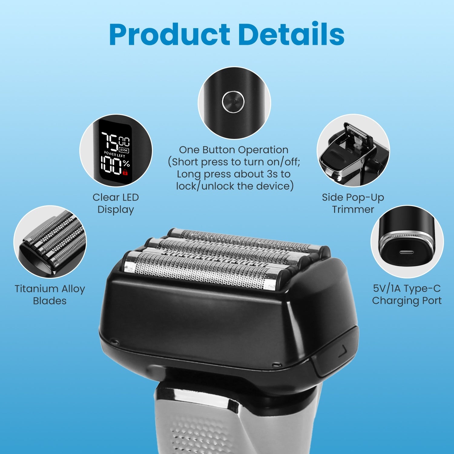 Electric Foil Face Shaver 5-Blade Electric Razor For Men Wet & Dry Jawline Beard Trimmer Precision Sideburn Shavers IPX6 Waterproof With LED Display Cleaning Brushes - DropOnline.co