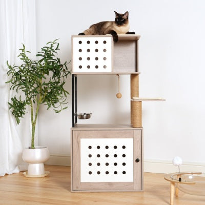 Cat Tree With Litter Box Enclosure, Allinone Cat Tower For Indoor Cats With Large Hammock, Bed, Food Station, Scratching Posts, Modern Style Pet Furniture, Gray White - DropOnline.co