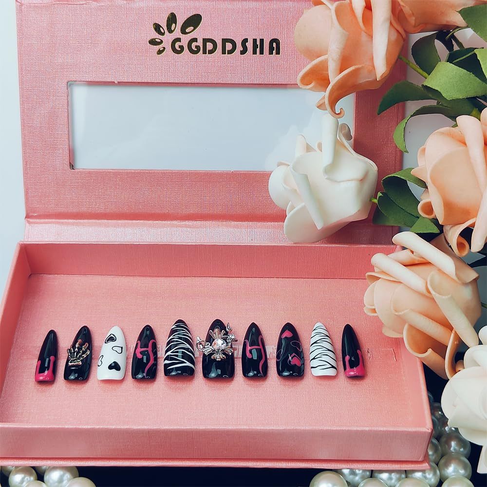 GGddsha Dark Series Pure Handmade Pressed Full StickMedium Almond Nails Hand Painted Designs ReusablePMMA Acrylic Press On Nails With Rhinestones Fake Nailsw Box Ladies Gifts,Eclipse Sketch - DropOnline.co