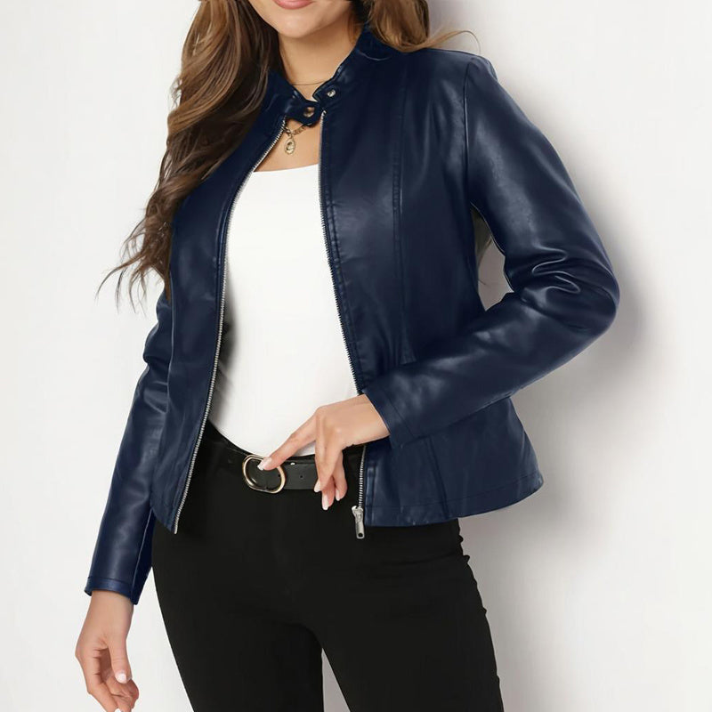 Women's Solid Color Long Sleeve Stand Collar Faux Leather Blazer - Single Button Zippered Jacket For Fall&Winter - DropOnline.co