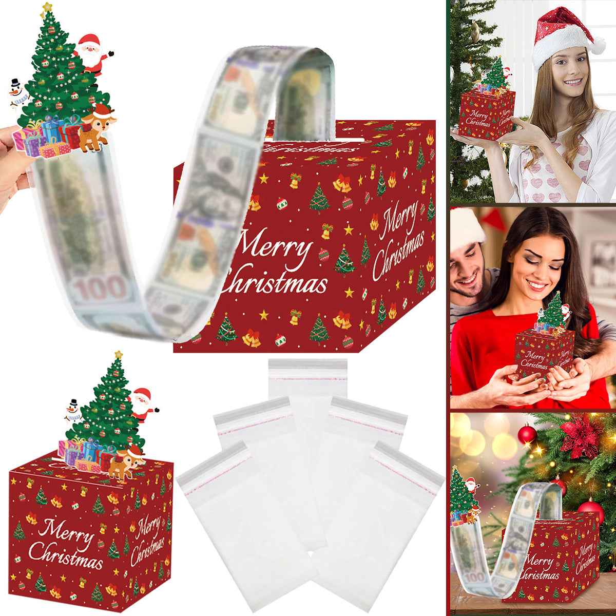 Christmas Money Box Pull Surprise - Cash Gift Holder with Tree Card & Transparent Bags - DropOnline.co