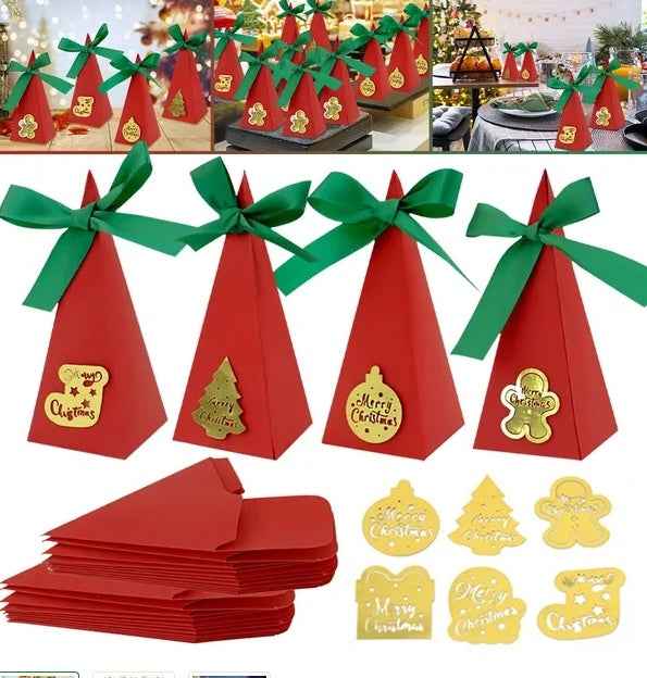 20PCS Christmas Candy Boxes - 4 Styles Triangle Sweet Boxes with Ribbon - DropOnline.co