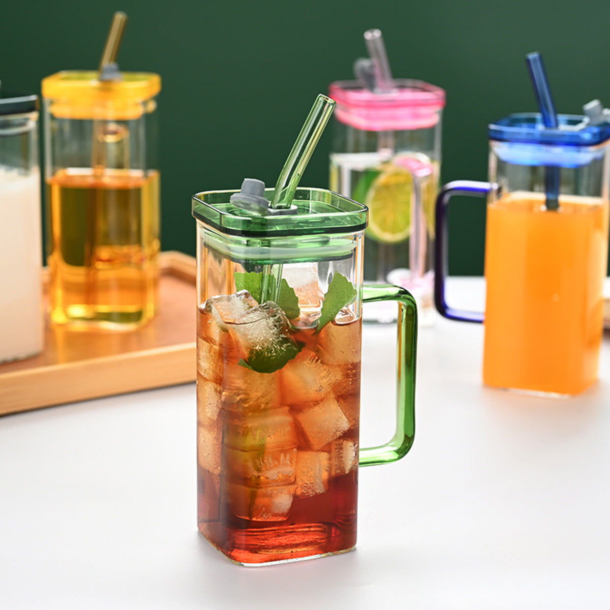 6 Pcs Glass Straw Cup, 6 Colors Square Glass Cup With Straw And Lid, High Borosilicate Glass Cup, Milk Cup, Juice Cup, Cold Drink Cup, Coffee Cup, Tea Cup, Office Cup, Gift Cup - DropOnline.co