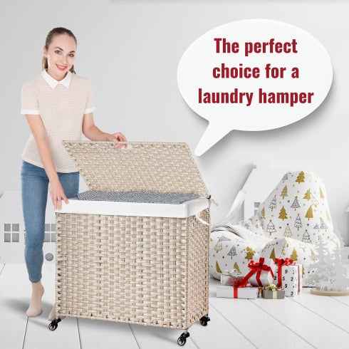Laundry Hamper with Lid - PE Rattan 160L with Removable Bags & Wheels, Gray - DropOnline.co