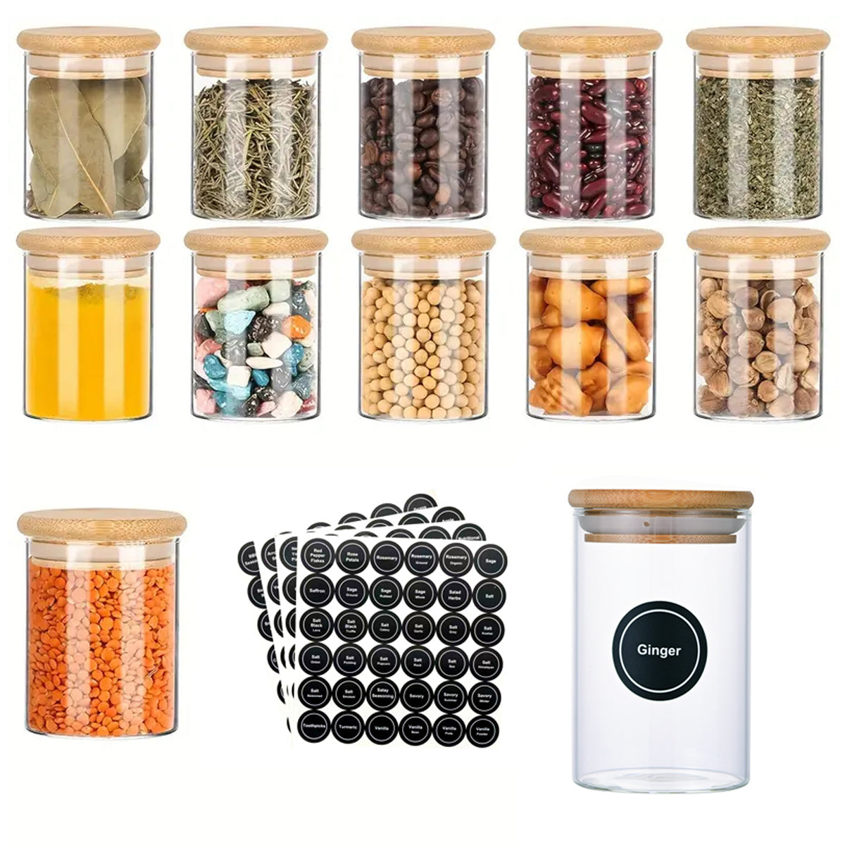 12 Pcs Round Spice Jars With Bamboo Lids And Stickers, Glass Storage Jars, Candy Jars, Coffee Jars, Salt Jars, Pepper Jars, Tea Jars - DropOnline.co