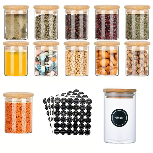 12 Pcs Round Spice Jars With Bamboo Lids And Stickers, Glass Storage Jars, Candy Jars, Coffee Jars, Salt Jars, Pepper Jars, Tea Jars - DropOnline.co