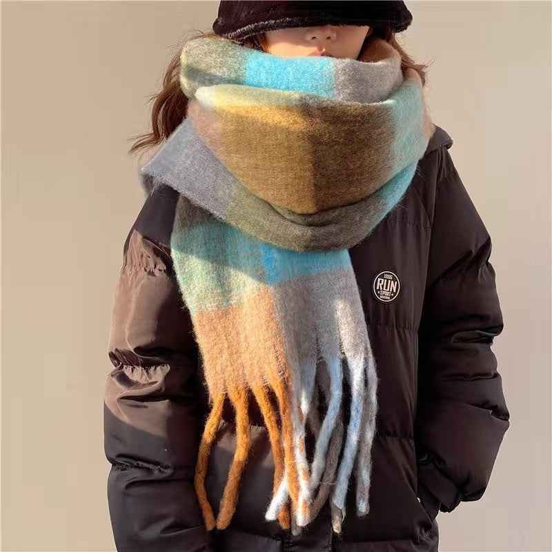 Women's Plaid Tassel Scarf - Rainbow Color-Blocking Shawl