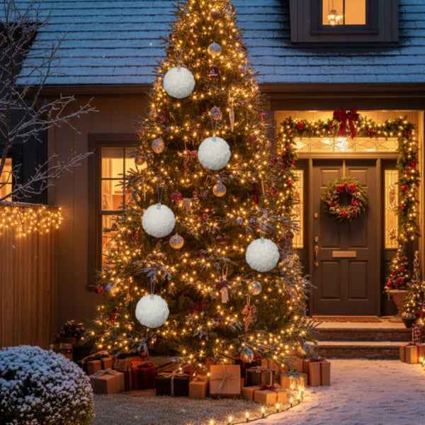 6PCS Cream Ruffle Christmas Ball Ornaments - White Polyester Hanging Tree Decorations (4 inch) - DropOnline.co