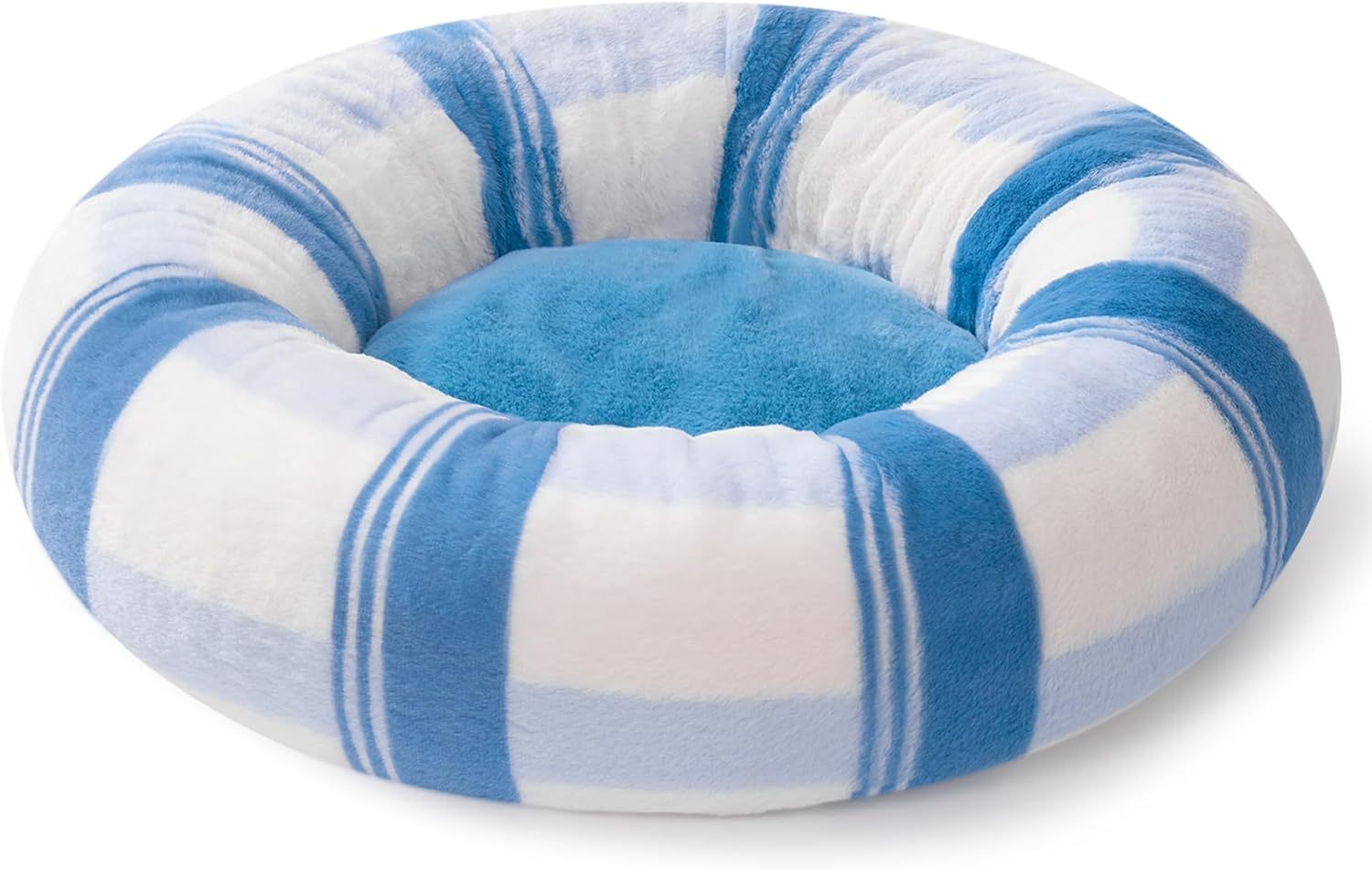 MEWOOFUN Plush Round Cat Bed For Indoor Cats - Calming Washable Pet Bed With Non-Slip Bottom, Soft Fluffy Dog Bed For Puppy & Kitten, 23 Inch Blue Striped - DropOnline.co