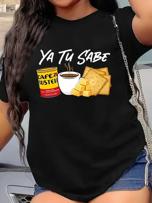 Short Sleeve Women's Summer Crew Neck Fashionable Casual T-Shirt With Coffee & Letter Print - DropOnline.co