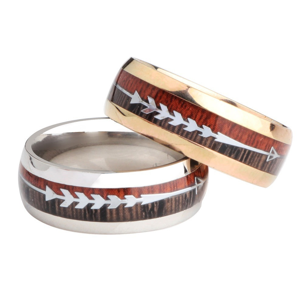 Stainless Steel Wood Grain Arrow Inlaid Ring - DropOnline.co