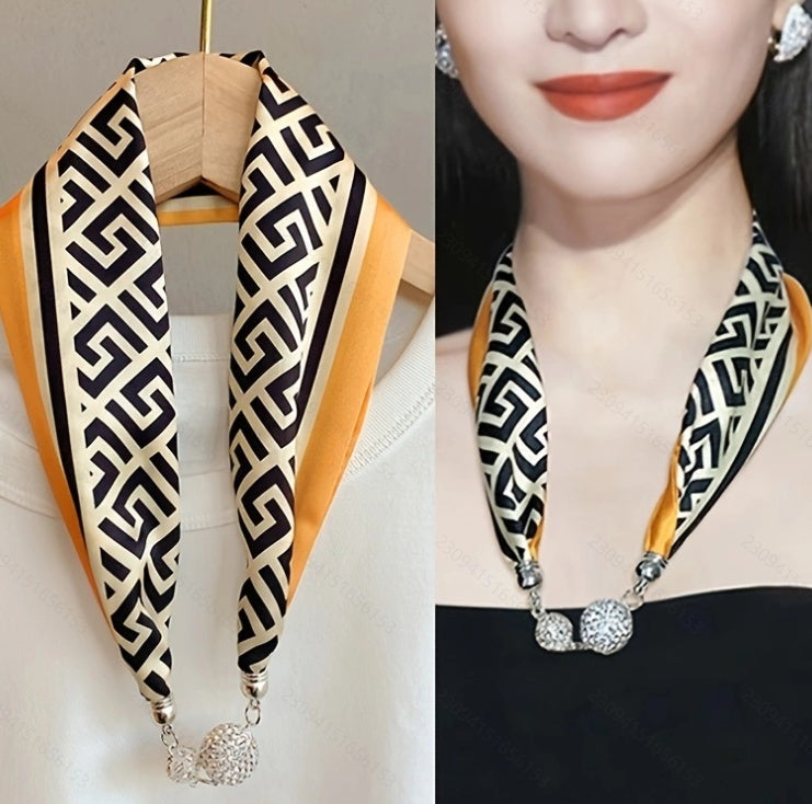 Magnetic Buckle Silk Scarf with Pearl Necklace - Women's Fashion Accessory - DropOnline.co