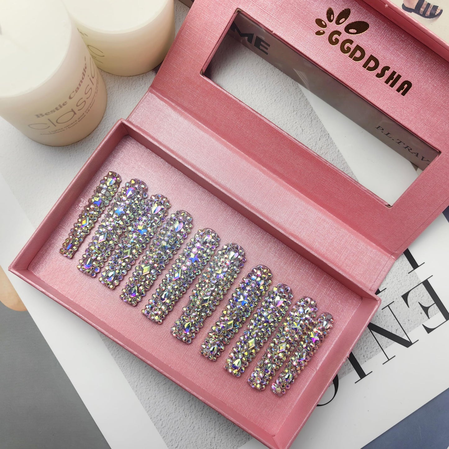 GGddsha 2025 Long Novel Design And Reusable PMMAAcrylic Press On Nails  Handmade Nails Full CoverLuxurious 3D Crystal False Nails With Box Gifts,Stellar Shine - DropOnline.co