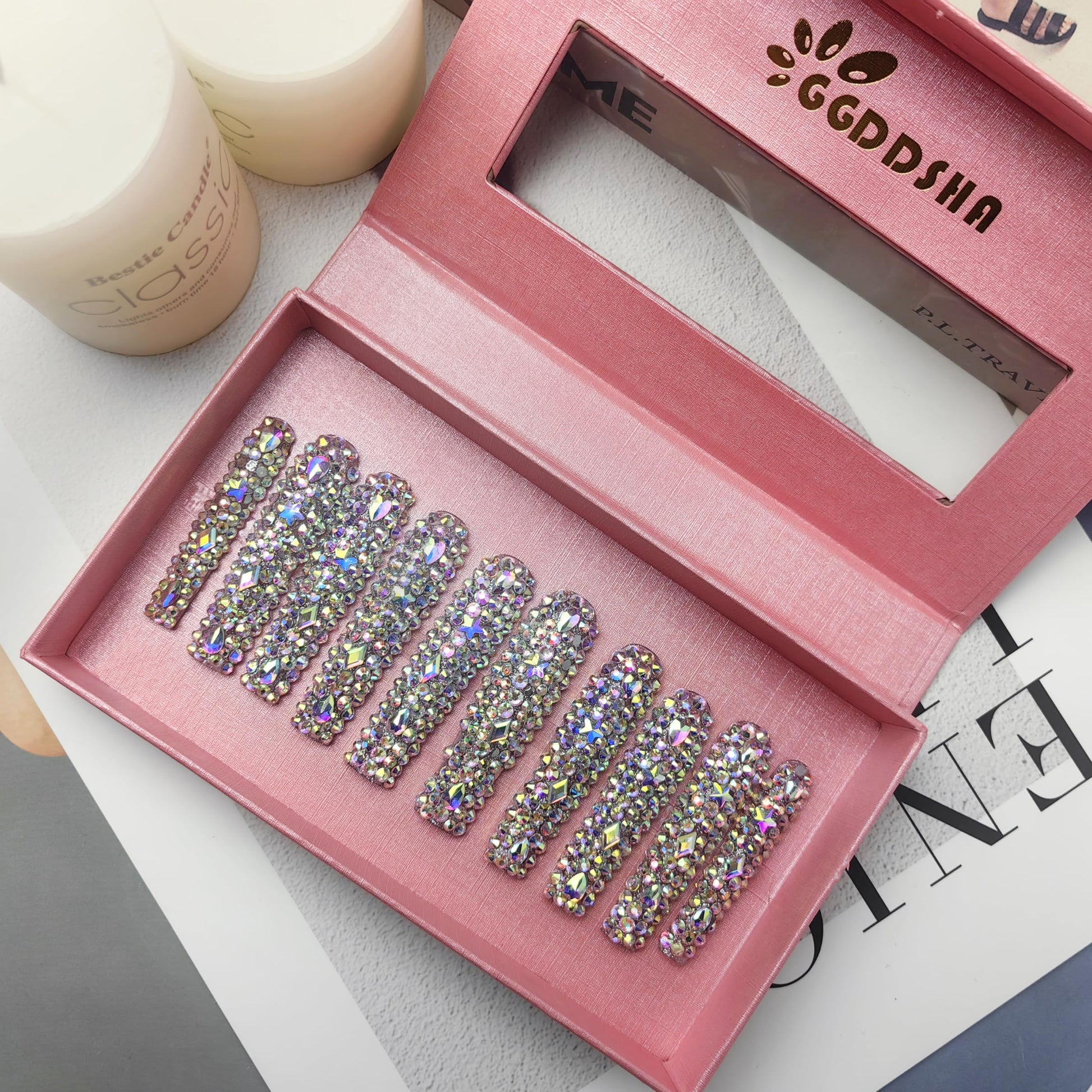 GGddsha 2025 Long Novel Design And Reusable PMMAAcrylic Press On Nails  Handmade Nails Full CoverLuxurious 3D Crystal False Nails With Box Gifts,Stellar Shine - DropOnline.co