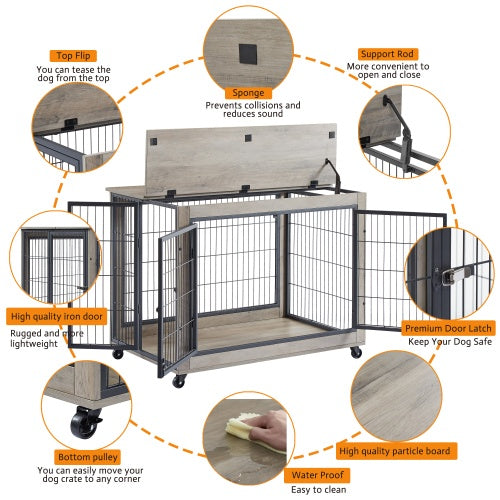 Furniture Style Dog Cage Side Table With Wheels With Double Doors And A Raised Top. Grey - DropOnline.co