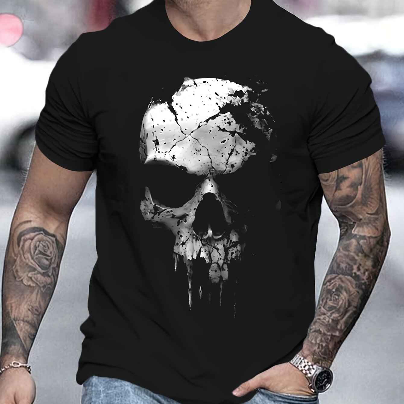 Men's 3D Shattered Skull T-Shirt - Cool Digital Print Round Neck Summer Tee