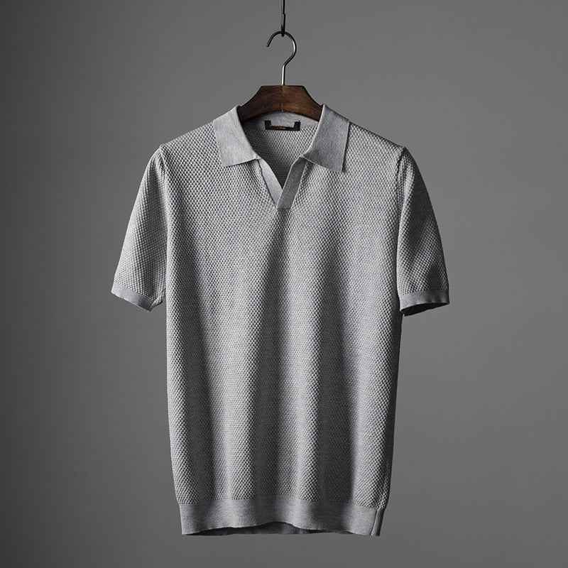 Men's V-Neck Knit Lapel Short Sleeve Top - Casual Fashion Shirt