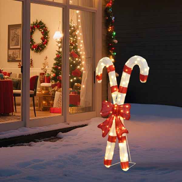 Lighted Candy Cane & Red Bowknot Christmas Decorations - 100 LED Lights - DropOnline.co
