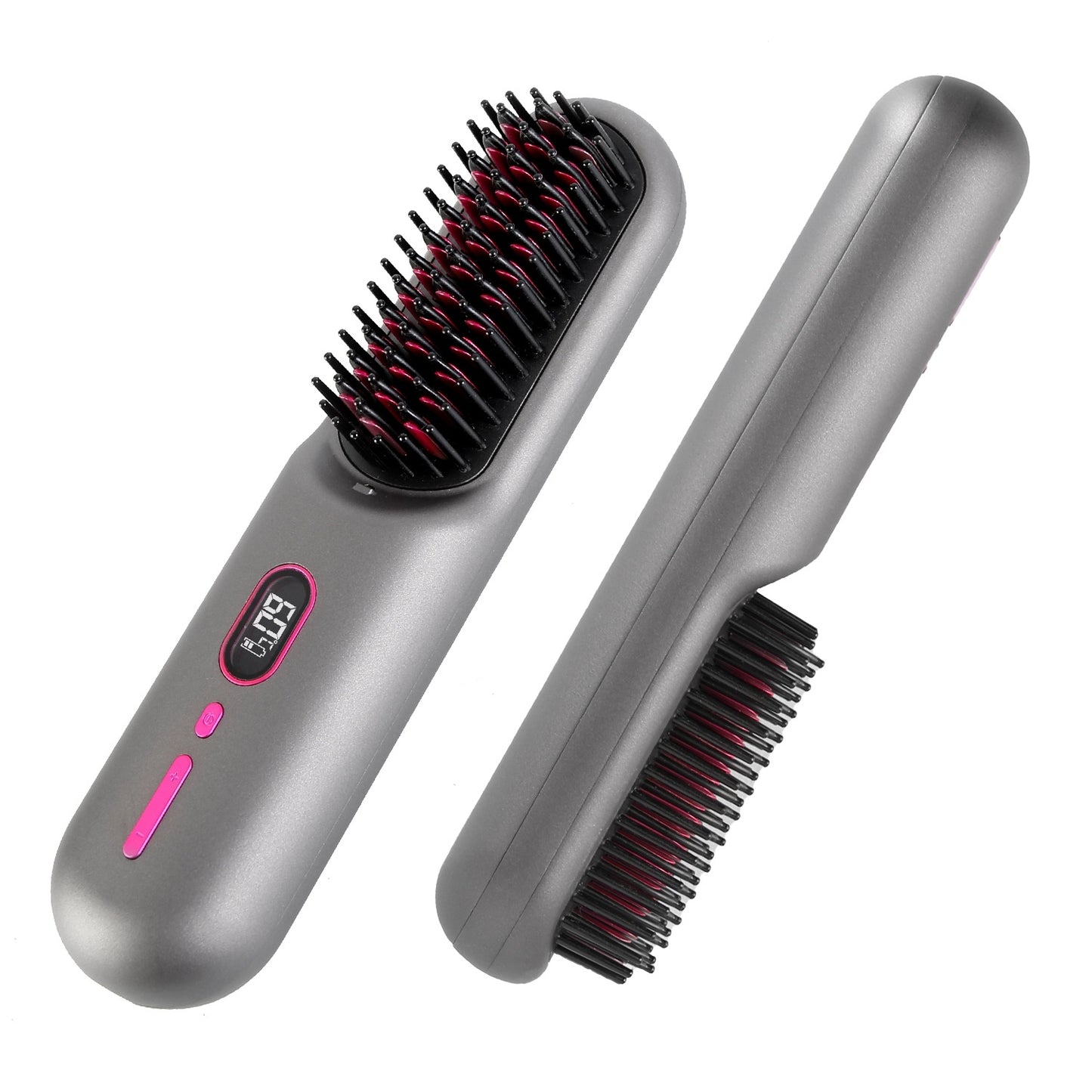 Grey-Black Options -- 1Pc Cordless Negative Ion Hair Straightener Brush Rechargeable Mini Styling Comb With 12 Heating Levels Anti-scald 30S Preheating 30Mins Auto Sleep LCD Display - DropOnline.co