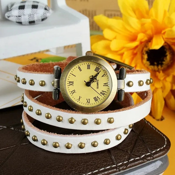 Fashionable Rivet Leather Belt Retro Watch Hand Chain - DropOnline.co