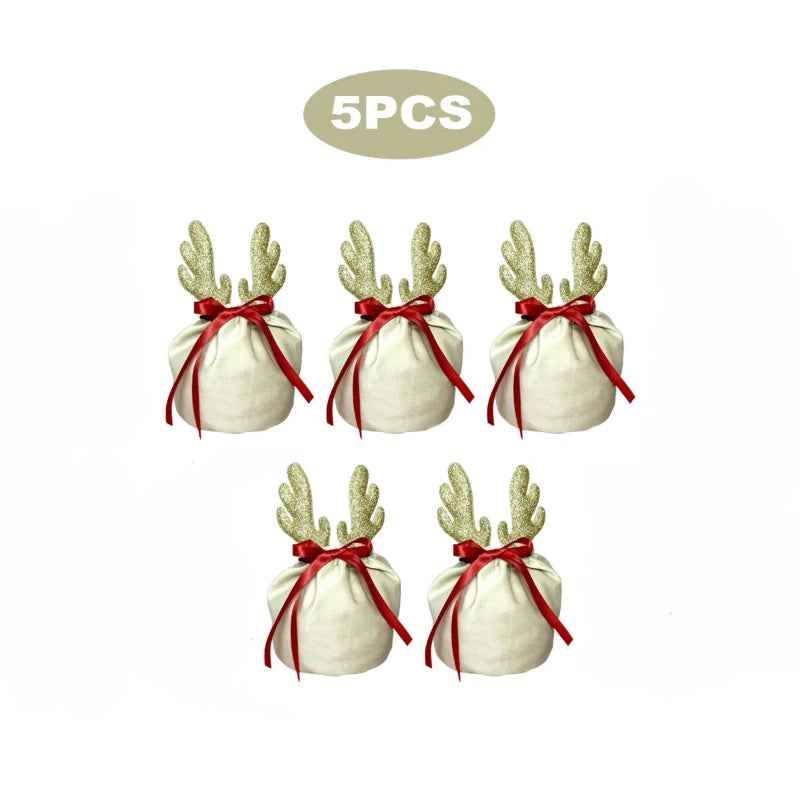5Pcs Christmas Antler Gift Bags with Drawstring - Flannel Reusable Pouches - DropOnline.co