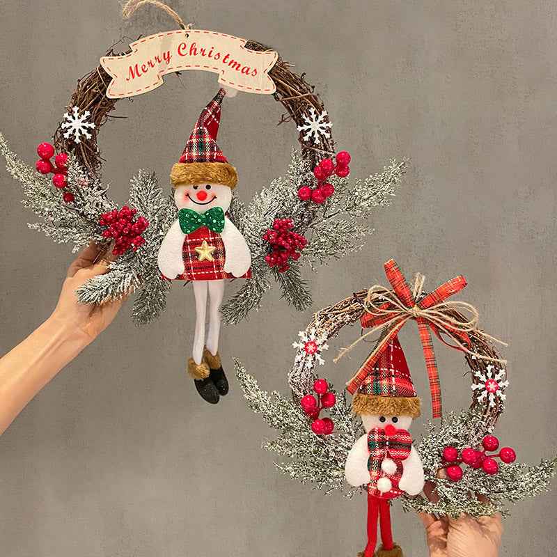 Christmas Wooden Vine Ring Wreath - Santa Claus Snowman Elk Pendant Decoration - DropOnline.co