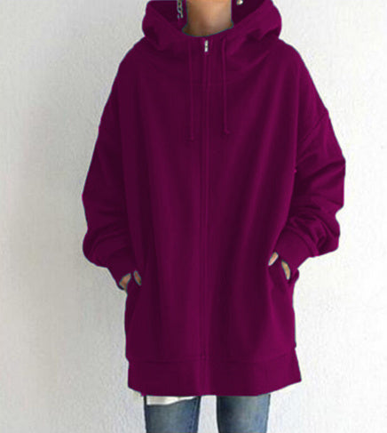 Women's Oversized Hooded Zip-Up Sweatshirt - Velvet-Lined Long Coat - DropOnline.co
