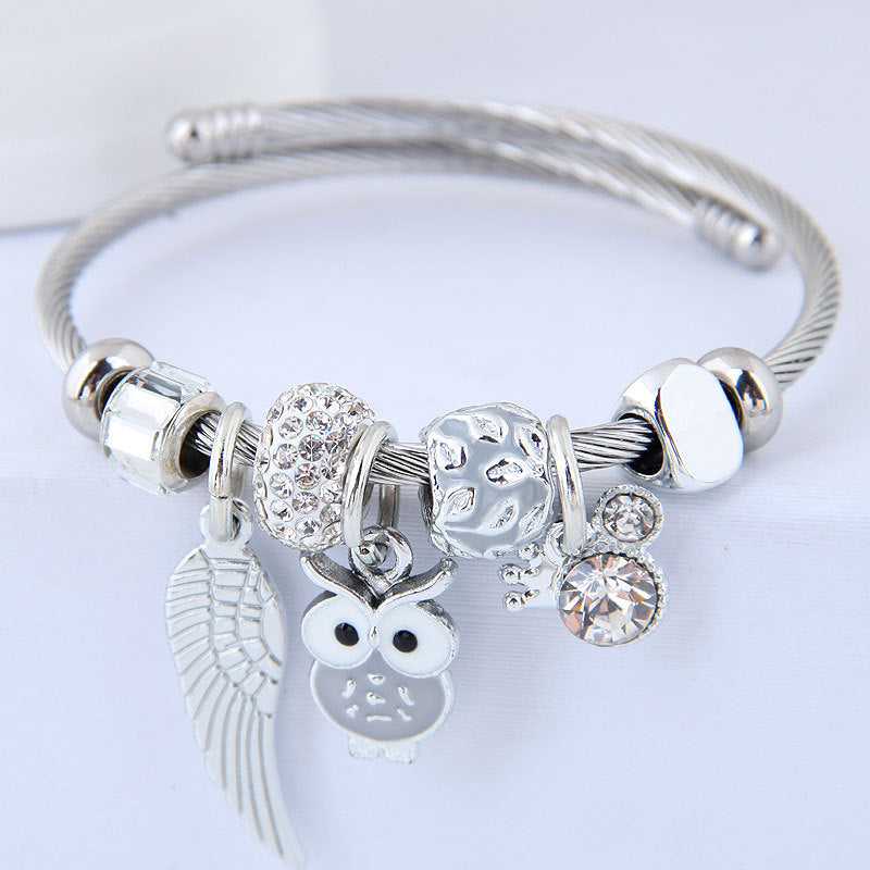 DIY Beaded Owl Angel Wings Pendant Stainless Steel Bracelet - DropOnline.co