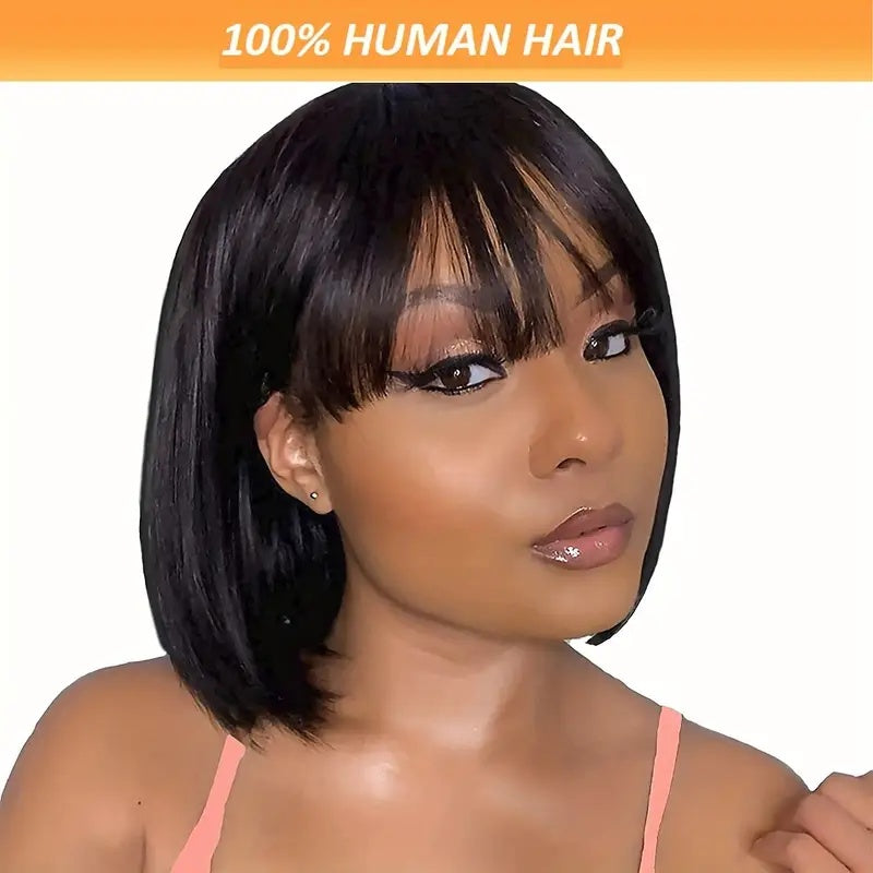 Brazilian Remy Non-toxic Wig, Straight Hair And Short Hair, Black. Human Hair Mechanism, Non-sticky And Non-toxic Wig With Bangs, Suitable For The Whole Scene. - DropOnline.co