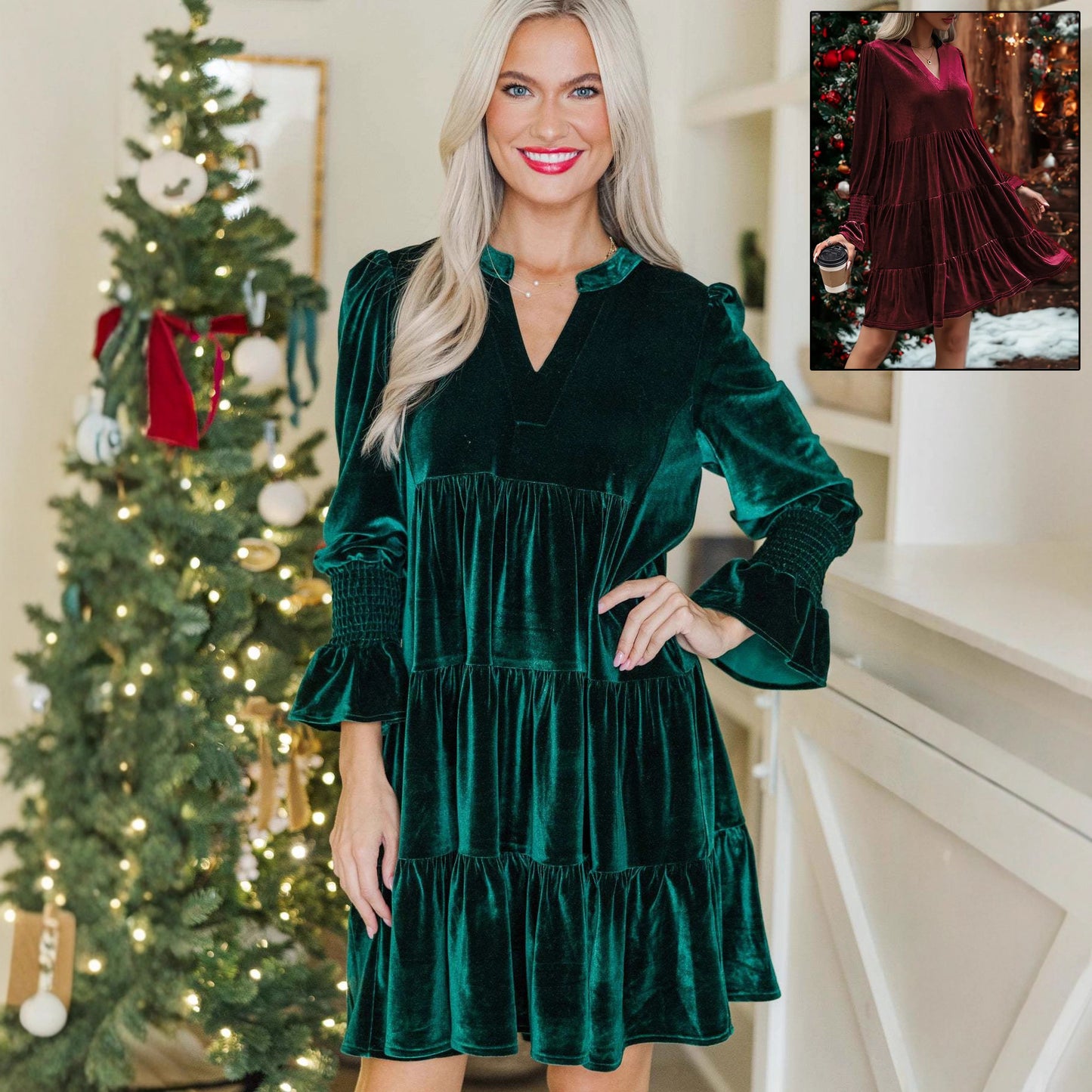 Long Sleeve Christmas Skirt Velvet Cake Dresses With Puffy Sleeves And V-Neck Mini Skirt Elegant Short Dress For Women New Year Party Clothing