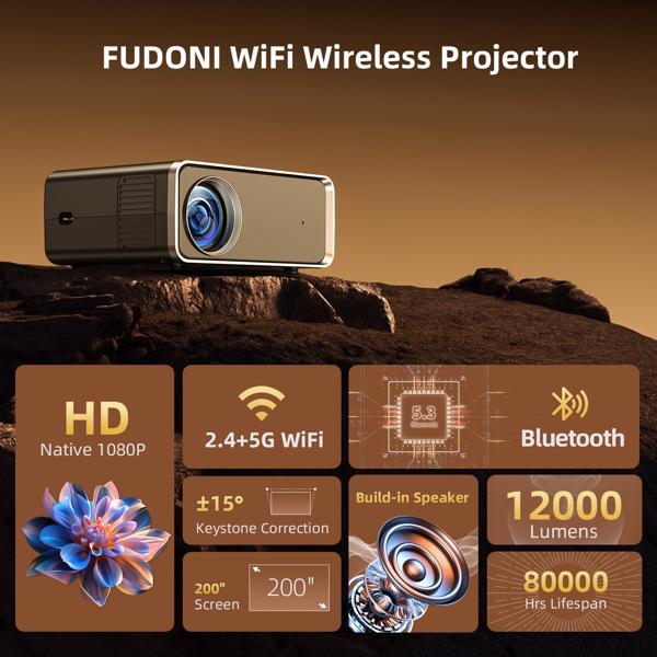 Projector With WiFi & Bluetooth, Upgraded 5G Portable Projector, Support 4K, Native 1080P, 12000 Lumens, Outdoor LED Movie Projector,Selling On The Amazon Temu Platform Is Prohibited - DropOnline.co