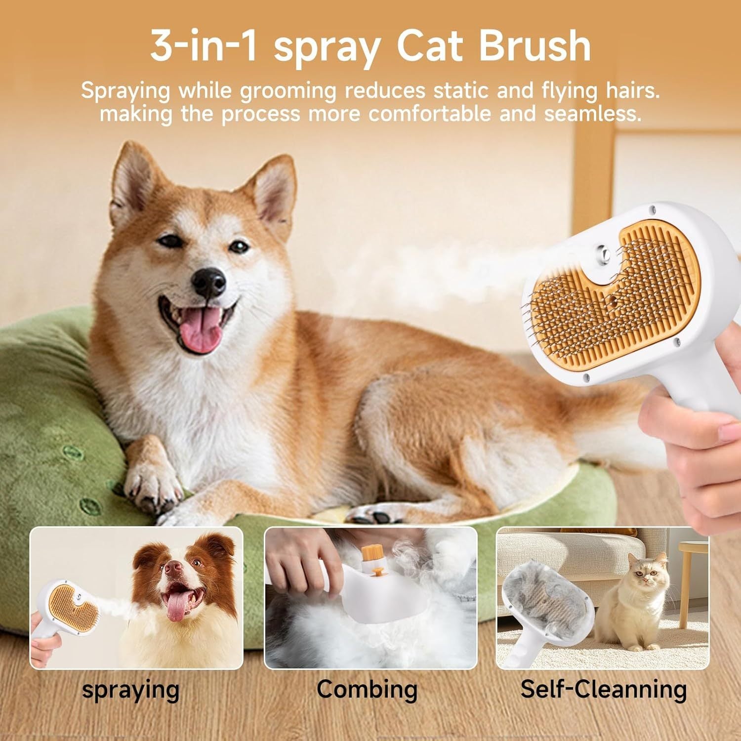 Universal Pet Steam Brush For Cats And Dogs 3-in-1 Spray Hair Removal Comb With Waterless Shampoo And Ear Towel,Tiktok, Amazon, Walmart Banned - DropOnline.co