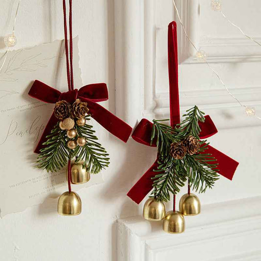 Christmas Velvet Bow Bell Pendant - Wrought Iron Jingling Hanging Decoration - DropOnline.co