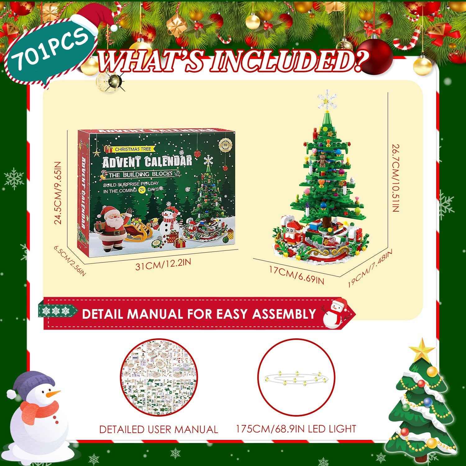 2025 Christmas Tree Building Set with LED Light - 24 Days Advent Calendar for Kids
