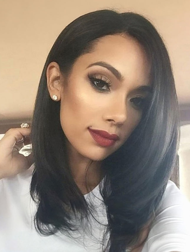 Self-pickup Shoulder-Length Layered Wigs With Bangs  14 Inch Peek-a-boo Color Black Mix Brown Mid-Length Wavy Wigs For Natural Black Women, Heat Resistant Synthetic Hair Replacement Wigs - DropOnline.co