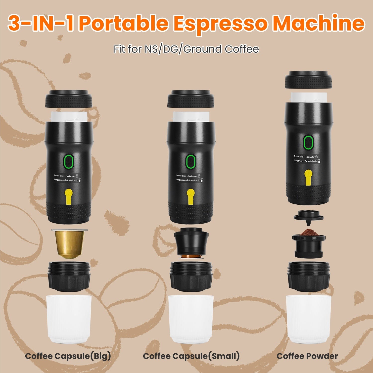 1Pc Portable Electric Espresso Machine Cordless Coffee Maker Self Heating Car Espresso Maker With Anti Dry Burn Fit For Ground Coffee NS DG Capsules For Car Camping Hiking RV Home Office - DropOnline.co