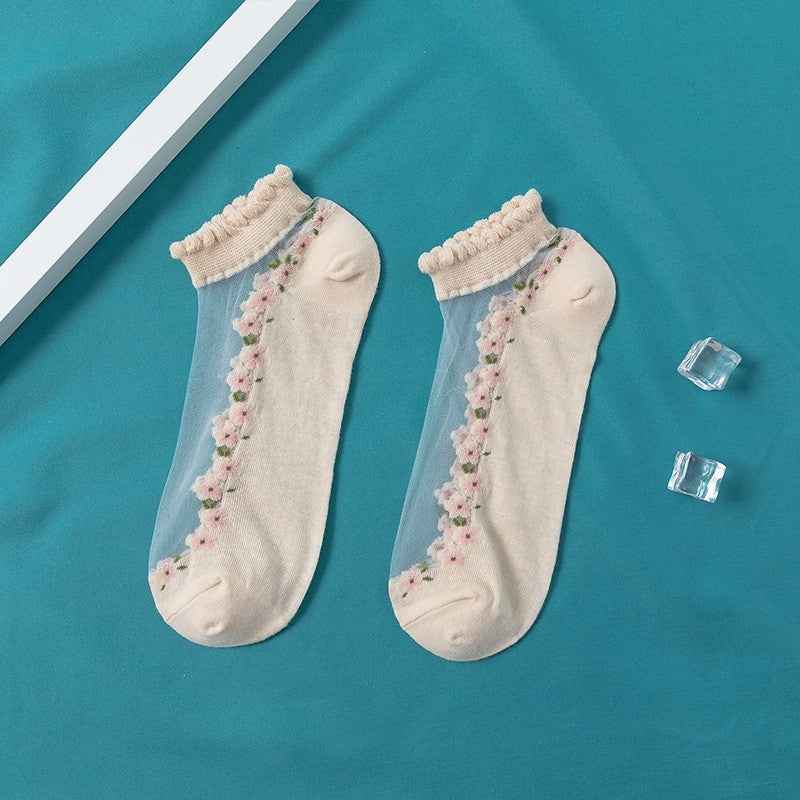 Women's Thin Spun Glass Lace Crystal Boat Socks - Delicate No-Show Socks