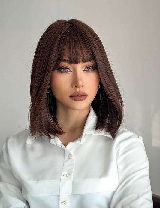 Self-pickup Shoulder-Length Layered Wigs With Bangs  14 Inch Peek-a-boo Color Black Mix Brown Mid-Length Wavy Wigs For Natural Black Women, Heat Resistant Synthetic Hair Replacement Wigs - DropOnline.co
