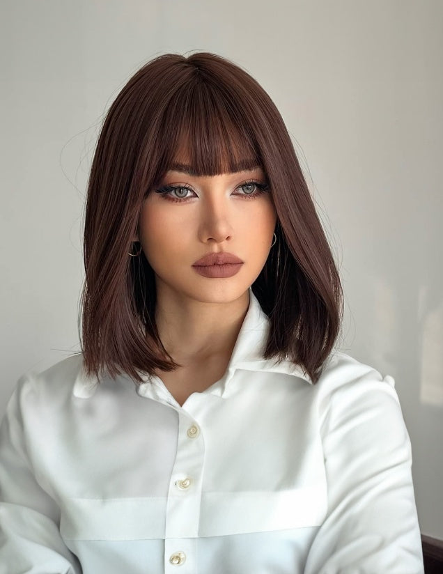 Self-pickup Shoulder-Length Layered Wigs With Bangs  14 Inch Peek-a-boo Color Black Mix Brown Mid-Length Wavy Wigs For Natural Black Women, Heat Resistant Synthetic Hair Replacement Wigs - DropOnline.co